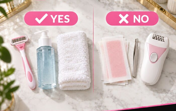 Flat lay on a marble counter showing a razor, shaving gel and towel under a pink "Yes" check, and wax strips, tweezers and an epilator under a pink "No" X