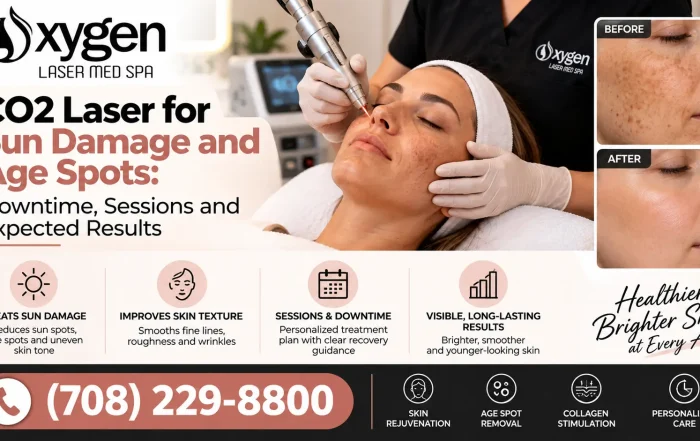 Oxygen Laser Med Spa CO2 laser treatment for sun damage, age spots, uneven skin tone, and fine lines.