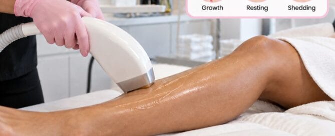Technician's gloved hands treating a client's lower leg with a laser handpiece, beside a diagram of the hair growth cycle showing growth, resting and shedding phases