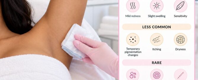 Technician's gloved hand holding a cool compress to a client's underarm after laser hair removal, beside a chart of normal, less common and rare side effects