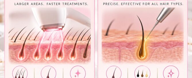 Side-by-side calendars comparing waxing appointments marked every few weeks all year with a short series of laser hair removal sessions, beside a smooth leg on a treatment bed