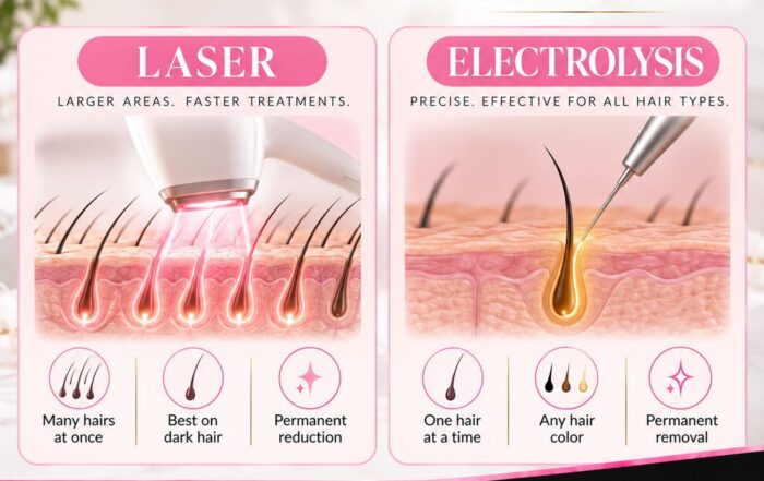 Side-by-side calendars comparing waxing appointments marked every few weeks all year with a short series of laser hair removal sessions, beside a smooth leg on a treatment bed