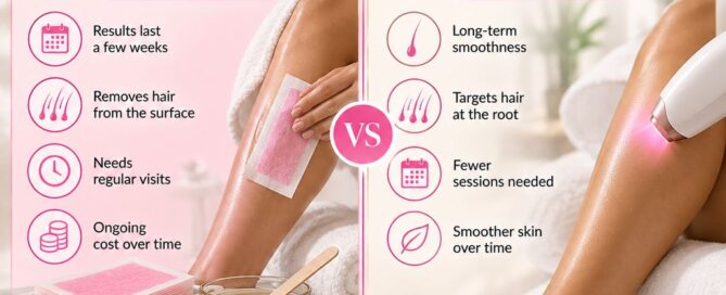 Side-by-side comparison of waxing and laser hair removal, showing a wax strip on a leg with labels for short results and ongoing cost, and a laser handpiece on a smooth leg with labels for long-term results