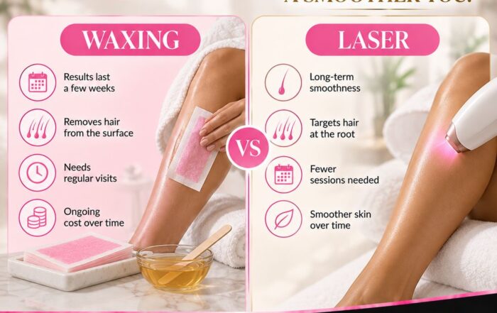 Side-by-side comparison of waxing and laser hair removal, showing a wax strip on a leg with labels for short results and ongoing cost, and a laser handpiece on a smooth leg with labels for long-term results