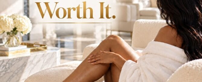 Client in a white robe relaxing on a cream sofa in a bright Orland Park med spa lounge, touching her smooth leg, with five gold stars and the words "Worth It" overlaid