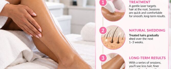 Client in a robe touching her smooth leg on a treatment bed beside a three-step laser hair removal process chart: treatment, natural shedding and long-term results