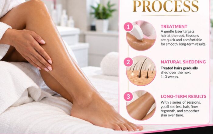 Client in a robe touching her smooth leg on a treatment bed beside a three-step laser hair removal process chart: treatment, natural shedding and long-term results